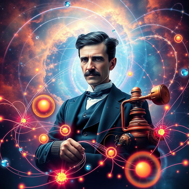 A stunning digital design that creatively represents the concept of quantum physics, featuring a dynamic portrayal of Nikola Tesla amidst swirling magnetic fields