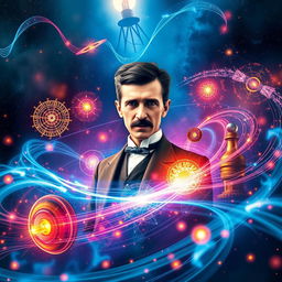A stunning digital design that creatively represents the concept of quantum physics, featuring a dynamic portrayal of Nikola Tesla amidst swirling magnetic fields