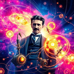 A stunning digital design that creatively represents the concept of quantum physics, featuring a dynamic portrayal of Nikola Tesla amidst swirling magnetic fields