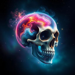 A cosmic skull with a galaxy pattern, vibrant nebula colors swirling across its surface, sparkling stars embedded within the cranium, and luminous cosmic dust surrounding it, floating in a dark, starry background with hints of colorful auroras, a mystical atmosphere, and a sense of depth, illuminated from below to create an ethereal glow