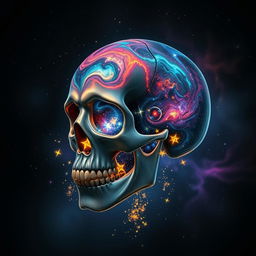 A cosmic skull with a galaxy pattern, vibrant nebula colors swirling across its surface, sparkling stars embedded within the cranium, and luminous cosmic dust surrounding it, floating in a dark, starry background with hints of colorful auroras, a mystical atmosphere, and a sense of depth, illuminated from below to create an ethereal glow