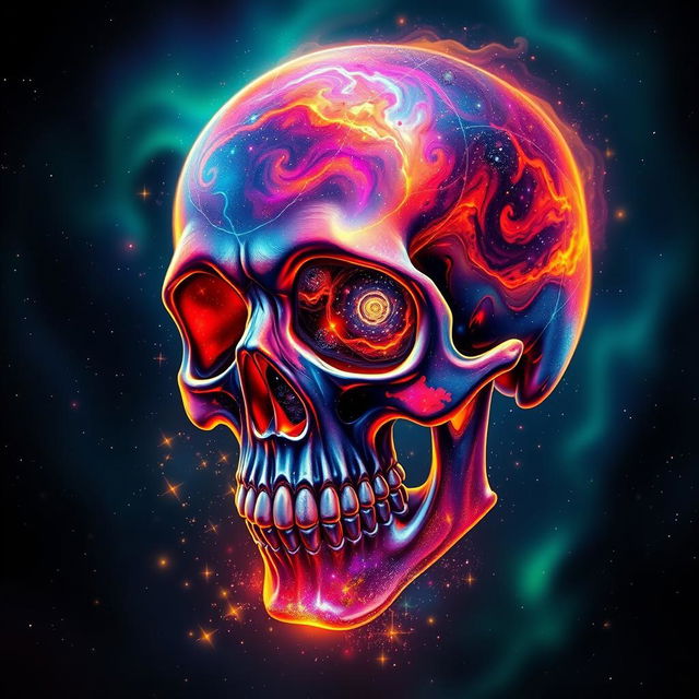 A cosmic skull with a galaxy pattern, vibrant nebula colors swirling across its surface, sparkling stars embedded within the cranium, and luminous cosmic dust surrounding it, floating in a dark, starry background with hints of colorful auroras, a mystical atmosphere, and a sense of depth, illuminated from below to create an ethereal glow