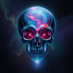 A cosmic skull with a galaxy pattern, vibrant nebula colors swirling across its surface, sparkling stars embedded within the cranium, and luminous cosmic dust surrounding it, floating in a dark, starry background with hints of colorful auroras, a mystical atmosphere, and a sense of depth, illuminated from below to create an ethereal glow