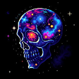A cosmic-themed pixel art representation of a skull, featuring vibrant and colorful galaxy patterns within the skull structure