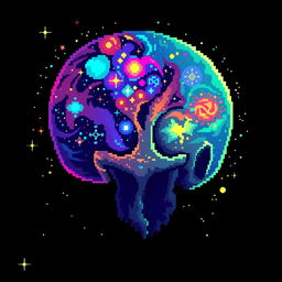 A cosmic-themed pixel art representation of a skull, featuring vibrant and colorful galaxy patterns within the skull structure