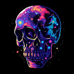 A cosmic-themed pixel art representation of a skull, featuring vibrant and colorful galaxy patterns within the skull structure