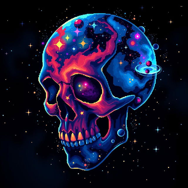 A cosmic-themed pixel art representation of a skull, featuring vibrant and colorful galaxy patterns within the skull structure