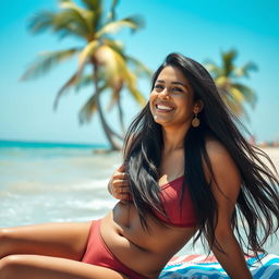 A beautiful brown Pakistani woman in her 40s wearing a stylish bikini, enjoying a sunny day at the beach