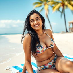 A beautiful brown Pakistani woman in her 40s wearing a stylish bikini, enjoying a sunny day at the beach