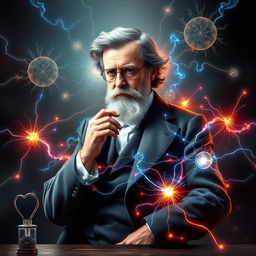 An engaging digital artwork that captures the essence of scientific brilliance, featuring Michael Faraday surrounded by visual representations of magnetism and electric charge