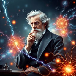 An engaging digital artwork that captures the essence of scientific brilliance, featuring Michael Faraday surrounded by visual representations of magnetism and electric charge