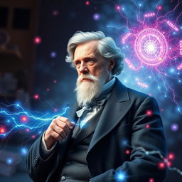 An engaging digital artwork that captures the essence of scientific brilliance, featuring Michael Faraday surrounded by visual representations of magnetism and electric charge