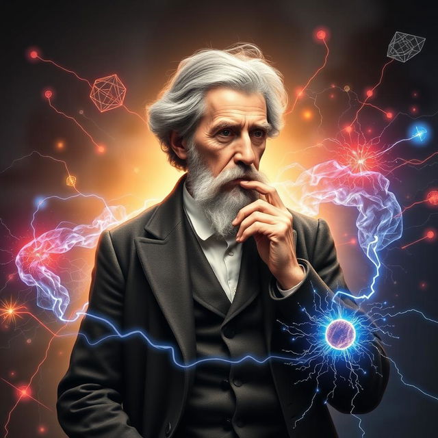 An engaging digital artwork that captures the essence of scientific brilliance, featuring Michael Faraday surrounded by visual representations of magnetism and electric charge