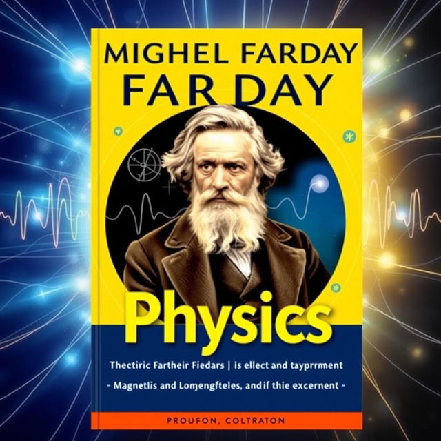 A captivating book cover design for a physics textbook, prominently featuring Michael Faraday at the center, portrayed thoughtfully with a background of electric charges and magnetic fields illustrating electromagnetic concepts