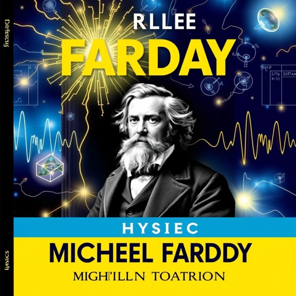 A captivating book cover design for a physics textbook, prominently featuring Michael Faraday at the center, portrayed thoughtfully with a background of electric charges and magnetic fields illustrating electromagnetic concepts