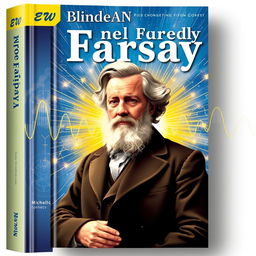 A captivating book cover design for a physics textbook, prominently featuring Michael Faraday at the center, portrayed thoughtfully with a background of electric charges and magnetic fields illustrating electromagnetic concepts