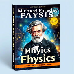 A captivating book cover design for a physics textbook, prominently featuring Michael Faraday at the center, portrayed thoughtfully with a background of electric charges and magnetic fields illustrating electromagnetic concepts