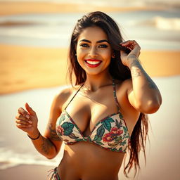A stunning Pakistani woman in a stylish bikini showcasing her confidence at the beach