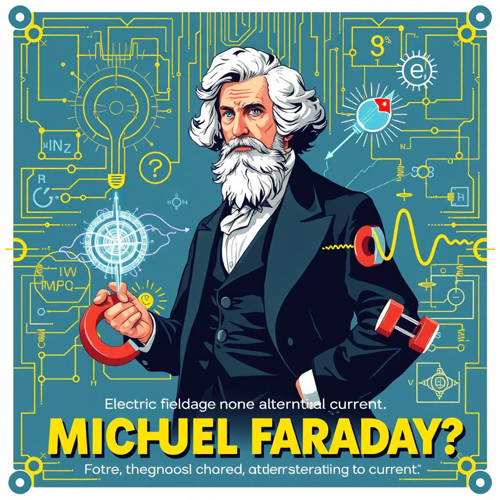 An educational poster design centered around Michael Faraday, incorporating a thought-provoking question about the relationship between magnetic fields, electric charge, and alternating current