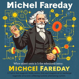 An educational poster design centered around Michael Faraday, incorporating a thought-provoking question about the relationship between magnetic fields, electric charge, and alternating current