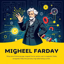 An educational poster design centered around Michael Faraday, incorporating a thought-provoking question about the relationship between magnetic fields, electric charge, and alternating current