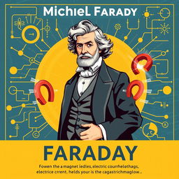 An educational poster design centered around Michael Faraday, incorporating a thought-provoking question about the relationship between magnetic fields, electric charge, and alternating current