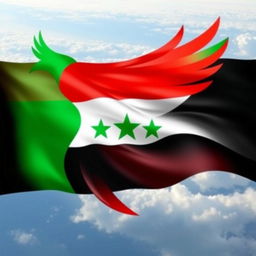 An artistic representation of the Syrian flag featuring vibrant colors: green on top, white in the middle adorned with three green stars, and black at the bottom