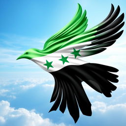 An artistic representation of the Syrian flag featuring vibrant colors: green on top, white in the middle adorned with three green stars, and black at the bottom