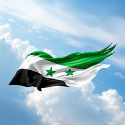 An artistic representation of the Syrian flag featuring vibrant colors: green on top, white in the middle adorned with three green stars, and black at the bottom