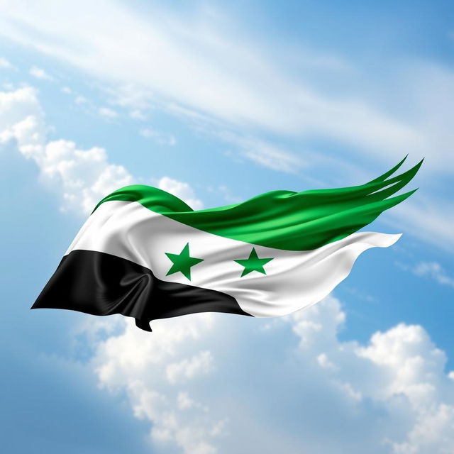 An artistic representation of the Syrian flag featuring vibrant colors: green on top, white in the middle adorned with three green stars, and black at the bottom