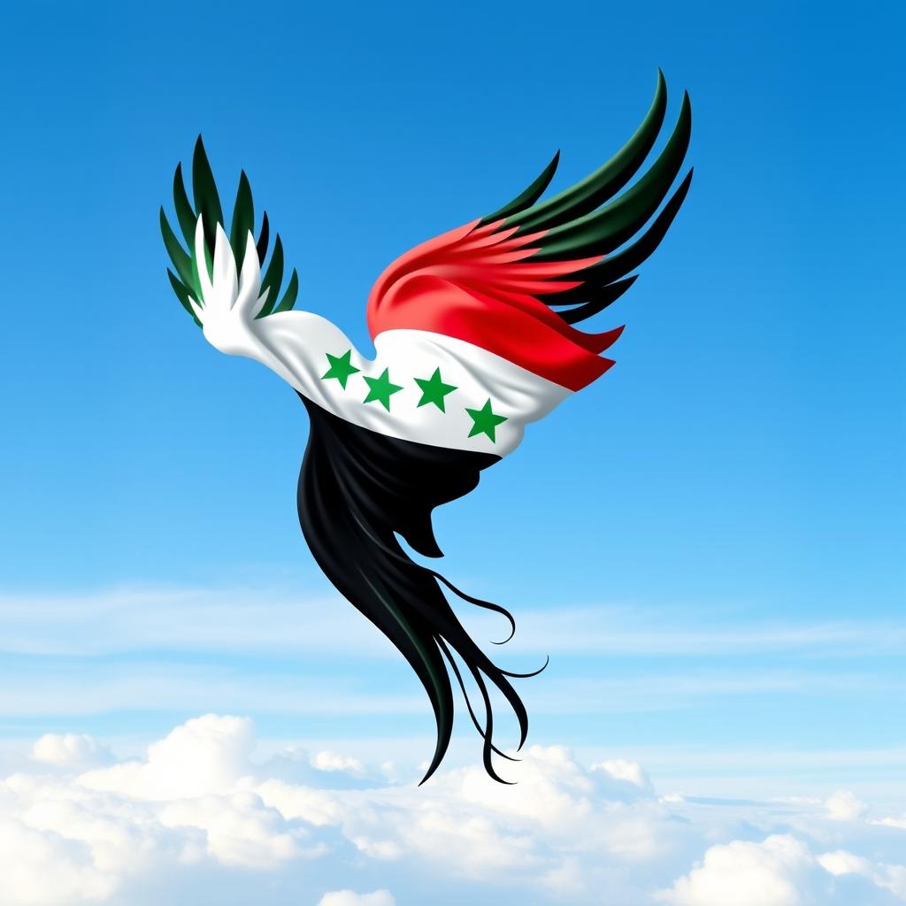 An artistic representation of the Syrian flag featuring vibrant colors: green on top, white in the middle adorned with three green stars, and black at the bottom