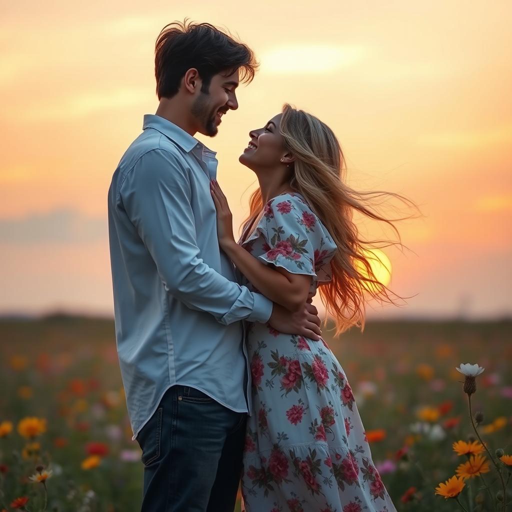 A romantic scene depicting two people in a loving embrace, standing close together under a soft sunset sky