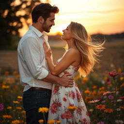 A romantic scene depicting two people in a loving embrace, standing close together under a soft sunset sky