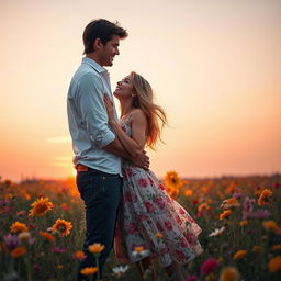 A romantic scene depicting two people in a loving embrace, standing close together under a soft sunset sky