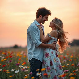 A romantic scene depicting two people in a loving embrace, standing close together under a soft sunset sky