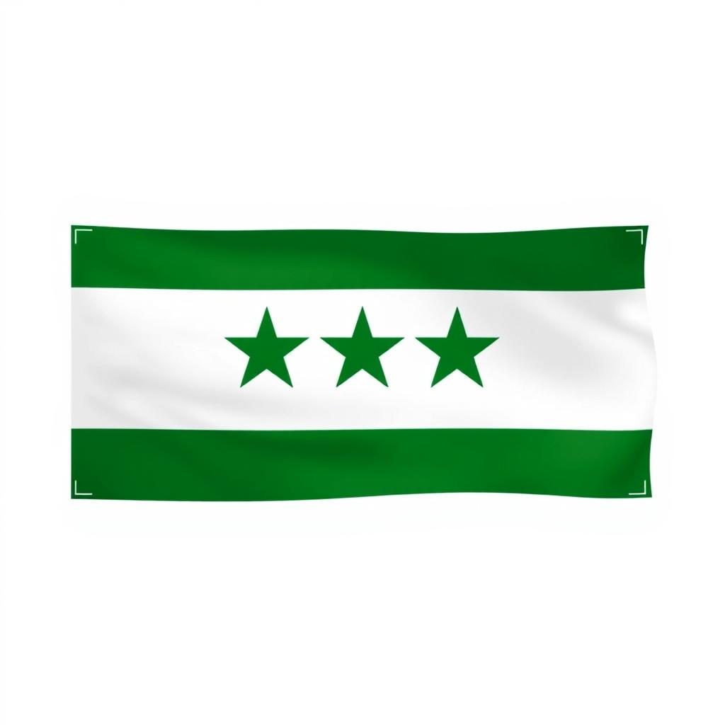 A flag design featuring three horizontal stripes: a vibrant green stripe at the top, a pristine white stripe in the middle showcasing three equally spaced green stars, and a bold black stripe at the bottom