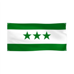 A flag design featuring three horizontal stripes: a vibrant green stripe at the top, a pristine white stripe in the middle showcasing three equally spaced green stars, and a bold black stripe at the bottom