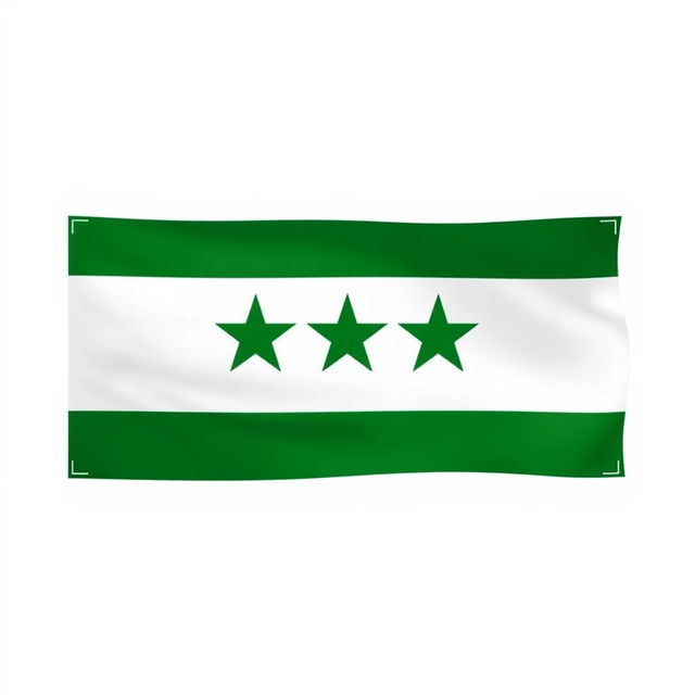 A flag design featuring three horizontal stripes: a vibrant green stripe at the top, a pristine white stripe in the middle showcasing three equally spaced green stars, and a bold black stripe at the bottom