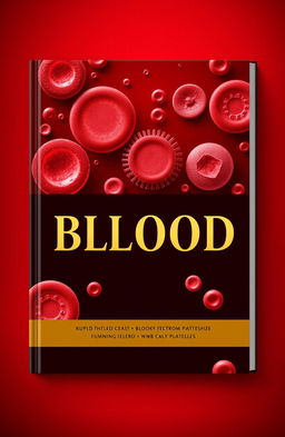 A striking and intricate book cover design focused on the theme of blood, showcasing a vivid representation of red blood cells (RBC), white blood cells (WBC), and platelets