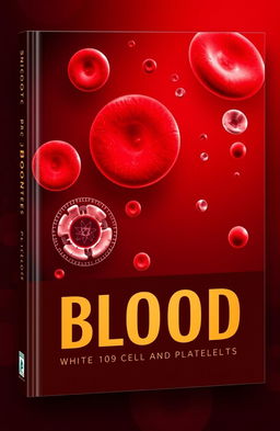 A striking and intricate book cover design focused on the theme of blood, showcasing a vivid representation of red blood cells (RBC), white blood cells (WBC), and platelets