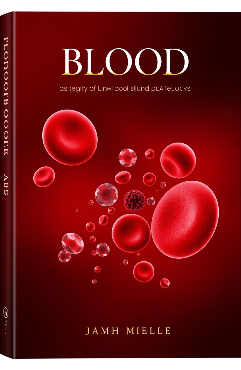 A striking and intricate book cover design focused on the theme of blood, showcasing a vivid representation of red blood cells (RBC), white blood cells (WBC), and platelets