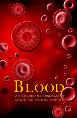 A striking and intricate book cover design focused on the theme of blood, showcasing a vivid representation of red blood cells (RBC), white blood cells (WBC), and platelets