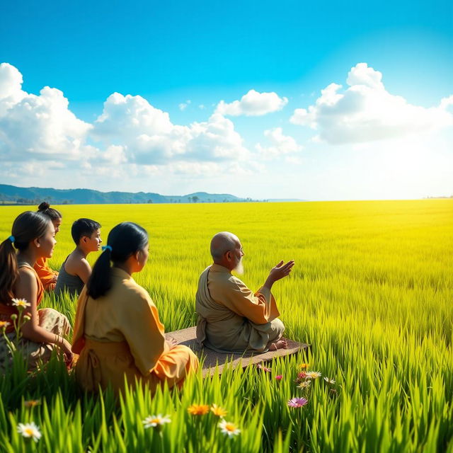 A serene scene of a wise guru teaching a small group of attentive students by the edge of a lush green rice field