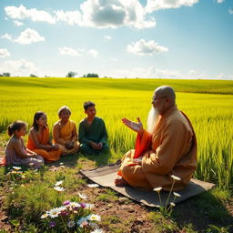 A serene scene of a wise guru teaching a small group of attentive students by the edge of a lush green rice field