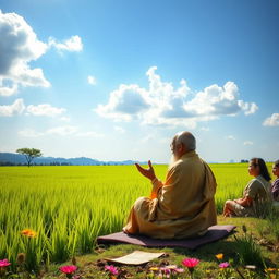 A serene scene of a wise guru teaching a small group of attentive students by the edge of a lush green rice field