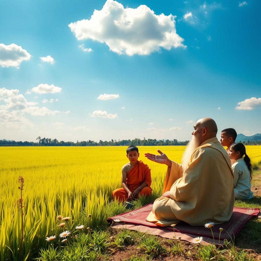 A serene scene of a wise guru teaching a small group of attentive students by the edge of a lush green rice field