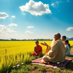 A serene scene of a wise guru teaching a small group of attentive students by the edge of a lush green rice field