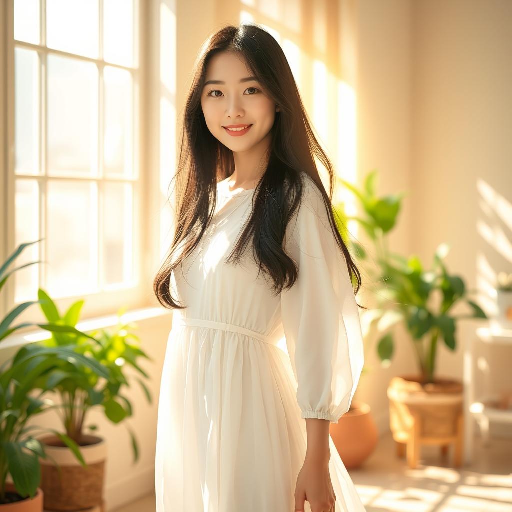 A beautiful Korean girl standing in a sunlit room, basking in the warm morning sunshine