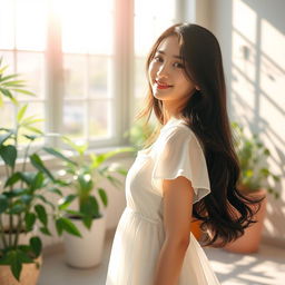 A beautiful Korean girl standing in a sunlit room, basking in the warm morning sunshine