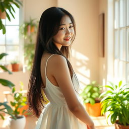 A beautiful Korean girl standing in a sunlit room, basking in the warm morning sunshine